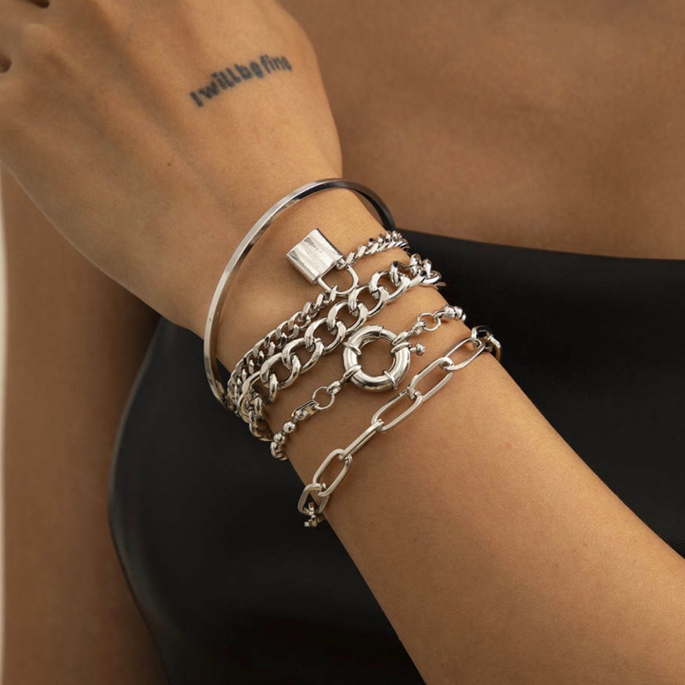 Silver Chunky Punk Cuban Chain Bracelets Set of 5
